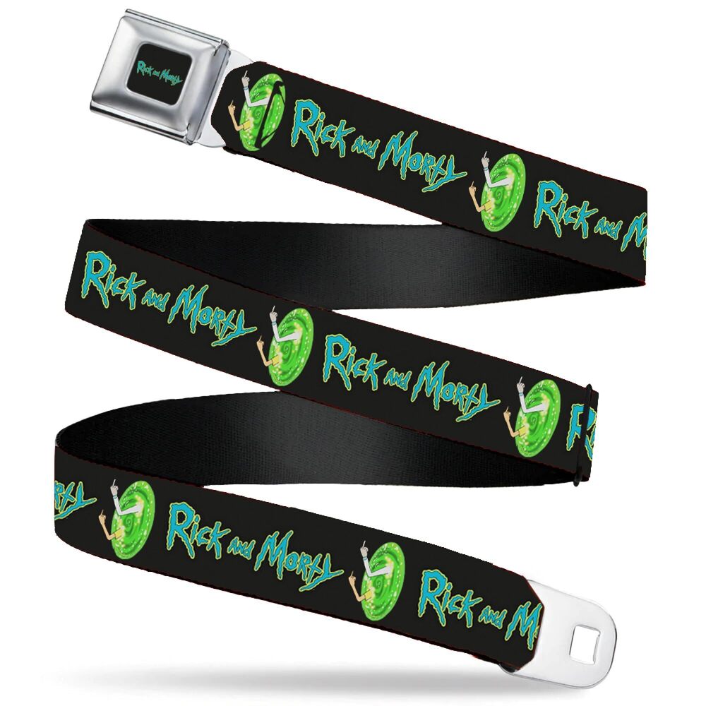 7437 Rick and Morty Belt, Seatbelt Buckle Belt, Rick and Morty Title Logo